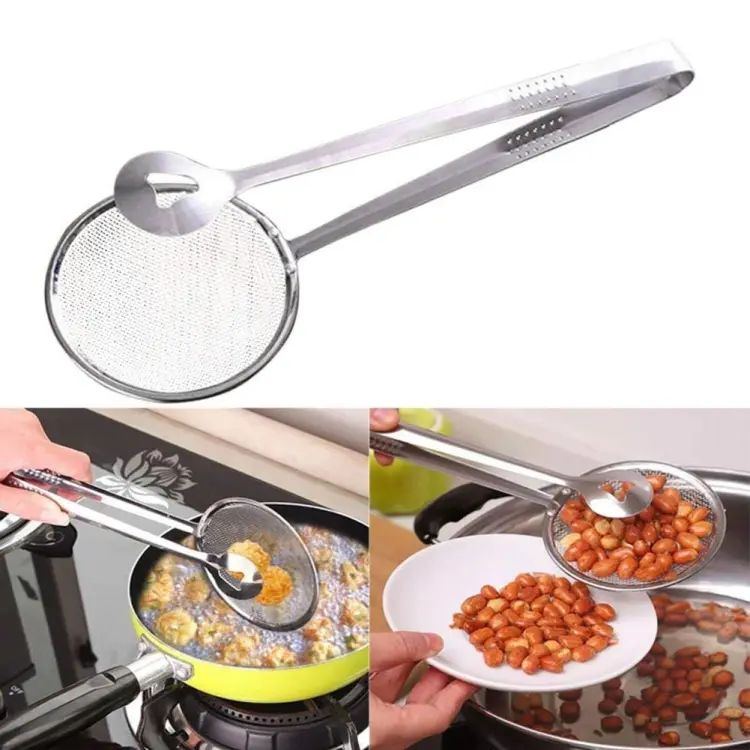 Fry Tool Filter Spoon Strainer With Clip Oil Frying BBQ Filter Stainless Steel Mesh Strainer Kitchen Tool Frying Mesh Colander Quick Strain Stainless Steel Tong Colander BEST HIGH QUALITY