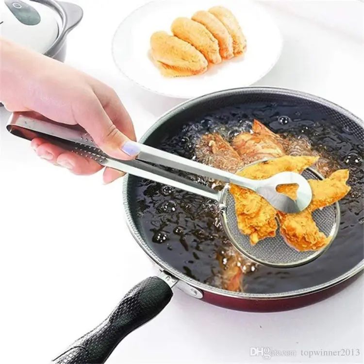 Fry Tool Filter Spoon Strainer With Clip Oil Frying BBQ Filter Stainless Steel Mesh Strainer Kitchen Tool Frying Mesh Colander Quick Strain Stainless Steel Tong Colander BEST HIGH QUALITY